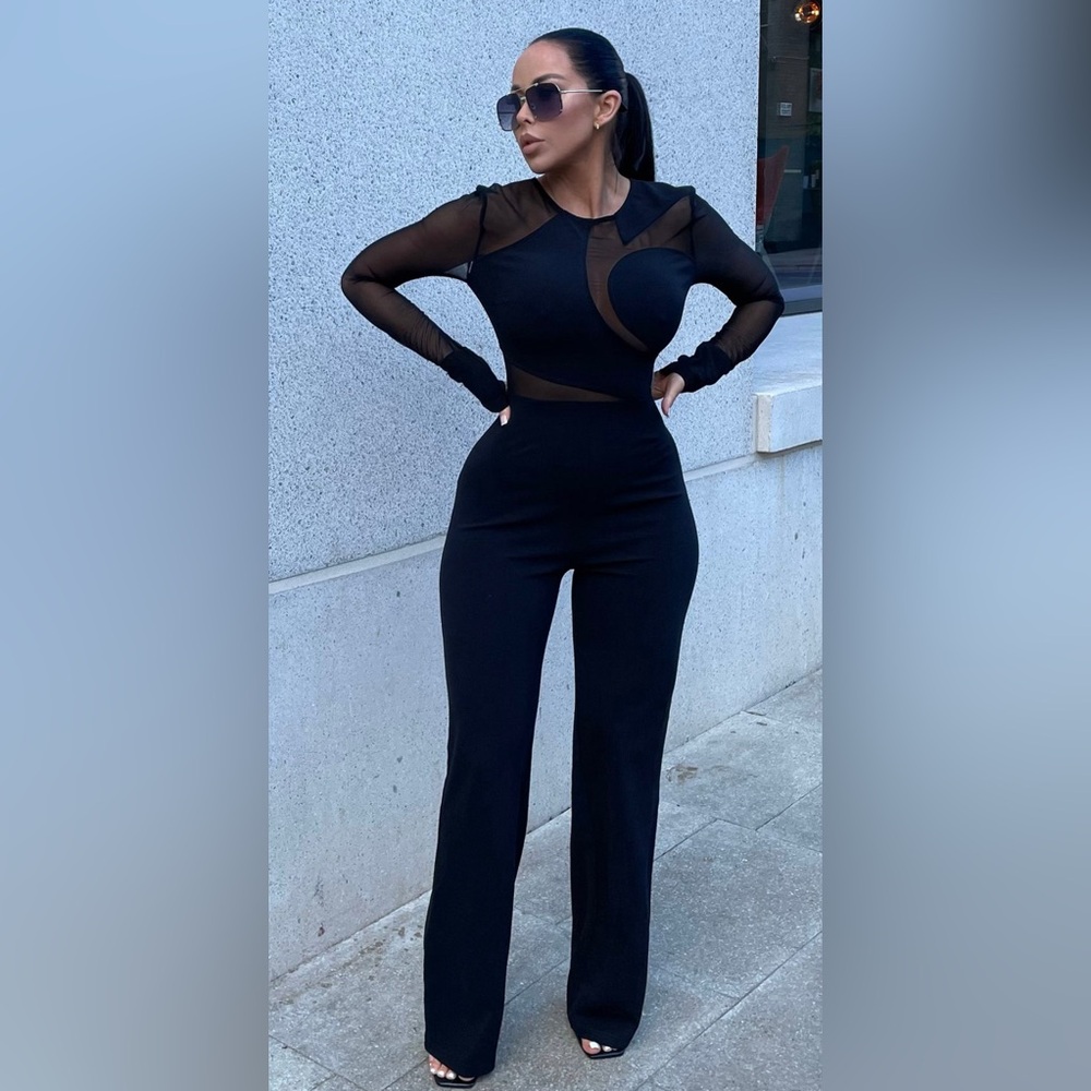 Fashion Nova Elegant Black Mesh Jumpsuit
